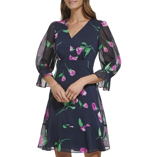 Image of DKNY Women's V-Neck Balloon Sleeve with Ruffle Hem