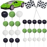 30PCS Race Car Cake Toppers Checkered Flag Race Car Birthday Decoration with Green Black White Balls Race Car Checkered Flag for Race Car Themed Birthday Party (Green)