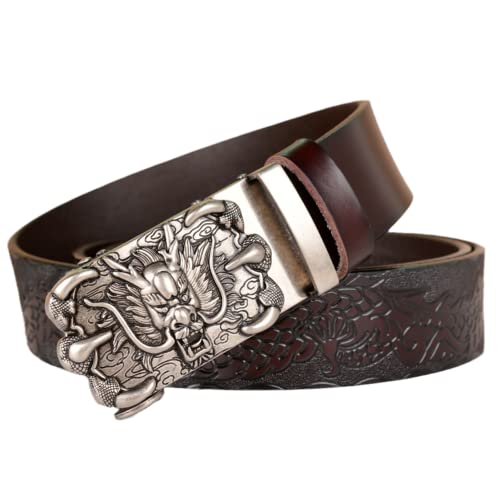 Men Western Dragon Embossed Ratchet Belt - Dragon Head Silver Auto Buckle For Jeans