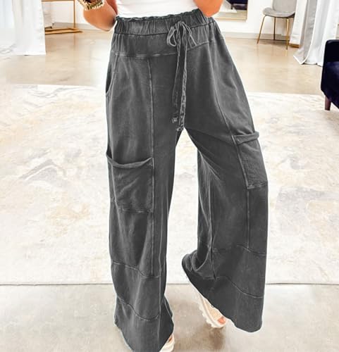 Elastic Waist Pants for Women Drawstring Wide Leg Pants High Waist Patchwork Raw Hem Trousers Withe Pockets3