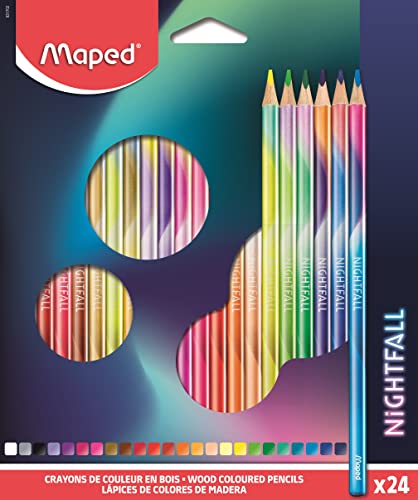 MAPED - Pinturas de Madera - Lápices de Colores Nightfall - 24 Pinturas con Diseño Lúdico Metalizado - Mina Suave y Resistente - Agarre Ergonómico para Mejor Sujeción