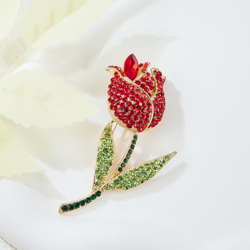 Image of YOQUCOL Elegant Cubic Zirconia Crystal Rhinestone Red Rose Shape Brooch Pin for Women Grils