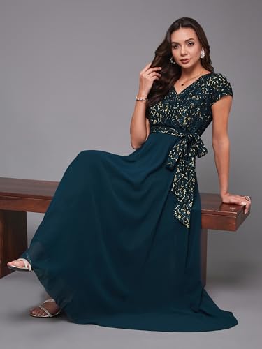 Image of Miss Chase Women's Round Neck Cap Sleeves Lace Knee -Long Skater Dress