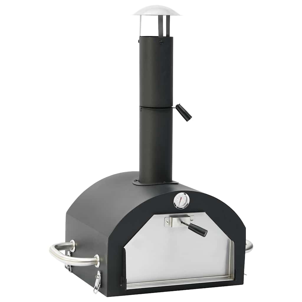 Forno per pizza per esterni 3 in 1, nero, con termostato, funzione affumicatura, piastra rimovibile, tavoli pieghevoli, ruote, per balcone, terrazza, campeggio