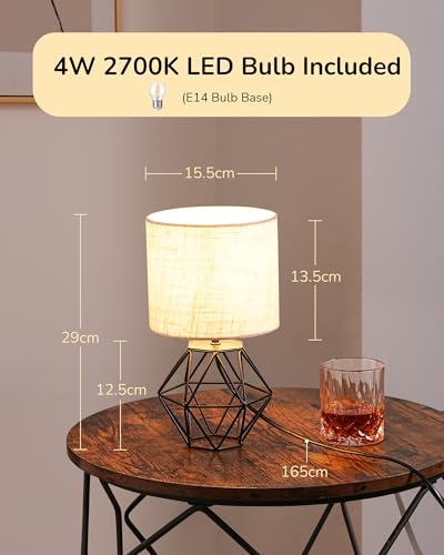 EDISHINE Bedside Lamp, Table Lamp with Metal Cage Base & Linen Lampshade, Modern Lamps for Living Room Bedroom, E14 Socket (Bulb Included), Diamond Cage, Black - Image 6