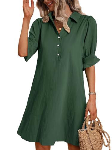 Image of FENSACE Womens Casual Shirt Dress Ruffle Sleeve Button Down Shift Summer Dresses with Pockets