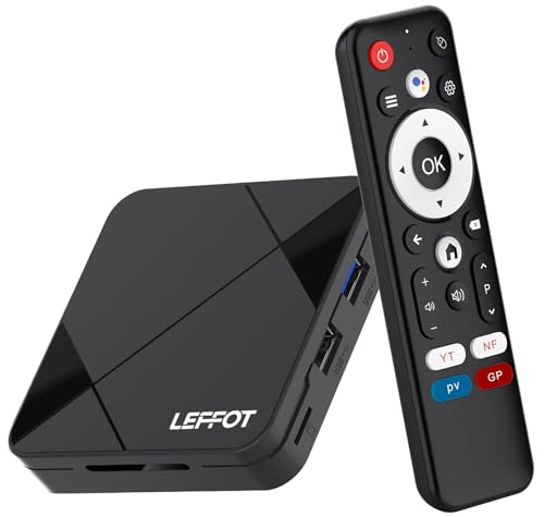 LEFFOT Android 14.0 TV Box 2025, 2GB RAM + 16GB ROM, 4K Ultra HD Decoder Android TV, Smart TV Box con Controllo Vocale, 2.4G & 5G WiFi 6, BT 5.4, USB 3.0, HDR10, RK3518 Quad-Core A53 ﻿ ﻿