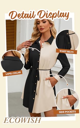 Image of ECOWISH Womens Button Shirt Dress with Pockets Fall Summer Short Mini Dresses Long Sleeve 3 /4 Sleeve Long Tunics Blouse Belt