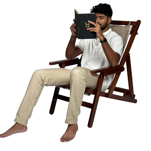 Image of Bunny Bear Premium Wooden Easy Chair | Unshakeable Solid Hardwood Folding Lounge Chair | 3-Position Adjustable | Pre-Assembled with Cushion & Headrest | Indoor Outdoor Relax Chair