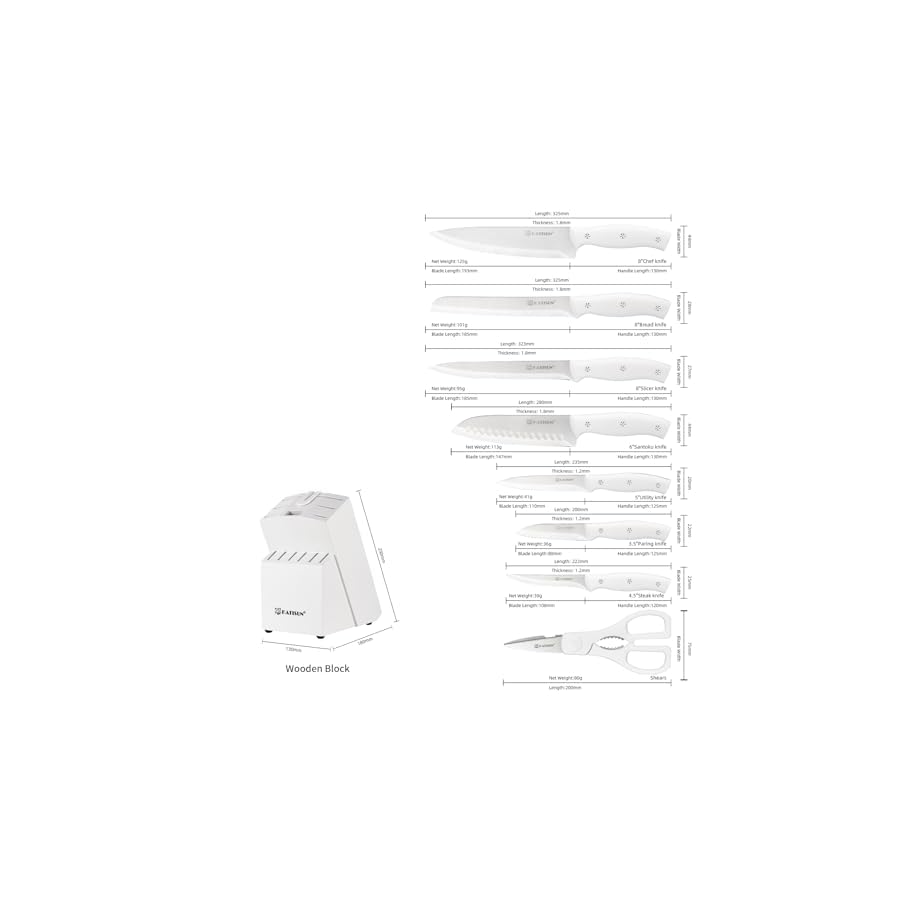 15-Piece White Kitchen Knife Set with Built-in Sharpening Stone, Ergonomic Triple Rivet Fixed Handles, Dishwasher Safe