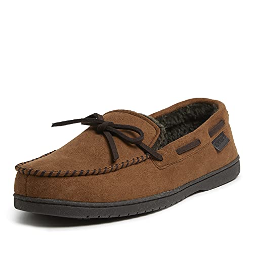 Dearfoams Men's Microsuede Moccasin with Tie Slipper, Chestnut, XL
