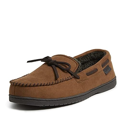 Dearfoams Men's Toby Microsuede Moccasin with Tie Slipper, Chestnut, Large Wide