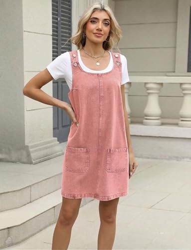 Image of Xaspee Denim Overall Dress for Women Casual Mini Sleeveless Jean Vintage Jumper Skirt Dress with Pockets