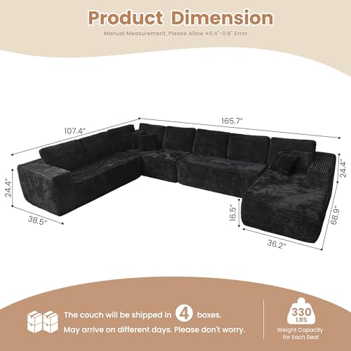Image of HOOOWOOO Cloud Sectional Couches for Living Room,Modular Sectional Sofa No Assembly,165X110 Inch Plush Corduroy Large U Shaped Floor Couch Set with Deep Seat Chaise Lounge(Black)