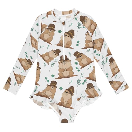 ALAZA Toddler Swimsuit Girl Bathing Suit Swimwear Rash Guard Groundhog Hat Long Sleeve 3T