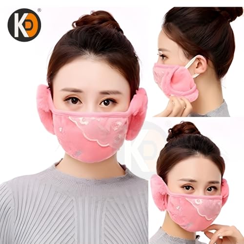Image of K D Women & Girls Warm Winter Mask with Earmuffs | Flannel + Cotton Face Cover | Reusable, Washable & Breathable | Cold, Wind & Dust Protection | Pack of 1 (Random Color)