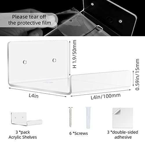 Image of 3 Pack Small Floating Acrylic Shelves Transparent Mini Wall Shelves for Storage 4 Inch Small Picture Edge Shelves with Two Types of Installation - Glue & Drilling