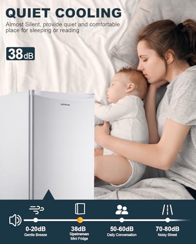 Upstreman 3.2 Cu.Ft Mini Fridge with Freezer, Single Door Mini Fridge, Dorm Fridge, Adjustable Thermostat, Mini Refrigerator for Dorm, Office, Bedroom, White-BR321