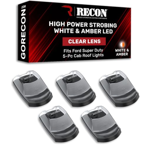 RECON - Fits 2017-2022 Super Duty (F250, F350, F450) 5-Piece Cab Roof Light Kit High Power Strobe LED White & Amber & Running Lights (Replaces Factory Cab Roof Lights Only) (CLEAR LENS)