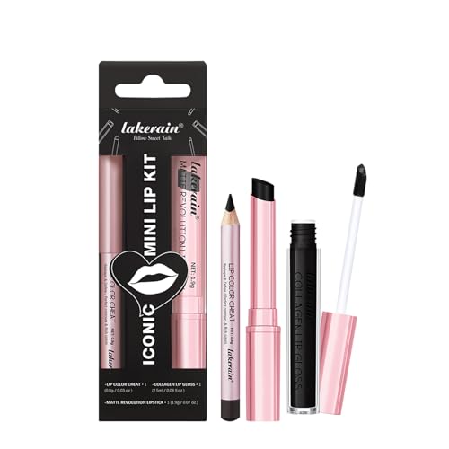 3PCS Matte Liquid Lipstick Lip Balm & Lip Liner Lip Kit Hydrating Tinted Black Lip Balm Collagen Lip Gloss For Dry Lips Waterproof Make Up Set (# 05 Black)