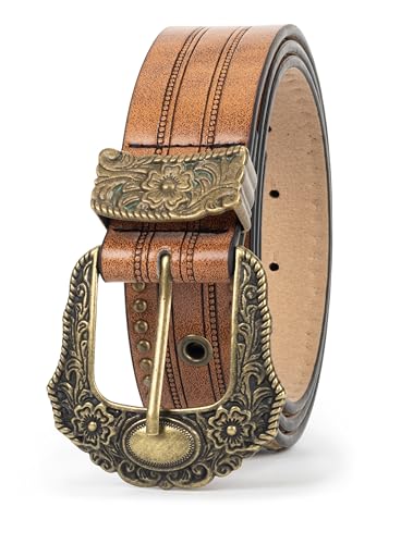 Image of Western-Leather-Belts-Women Vintage Waist-Belts with Hollow Out Flower