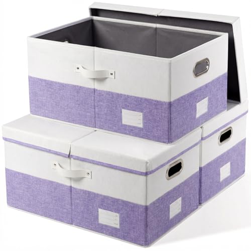 Image of PRANDOM Storage Bins with Lids [3-Pack] Linen Fabric Foldable Storage Boxes Organizer Containers Baskets Cube with Cover for Bedroom Closet Office White&Purple (23.4X15.9X11.4)