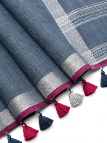 Image of HAIDER ALI AND SONS Grey Cotton Linen Saree for Women | Soft Linen Slub Blend Saree with Running Blouse Piece | Lightweight Handloom Style Saree | Office, Casual, Party & Festival Wear