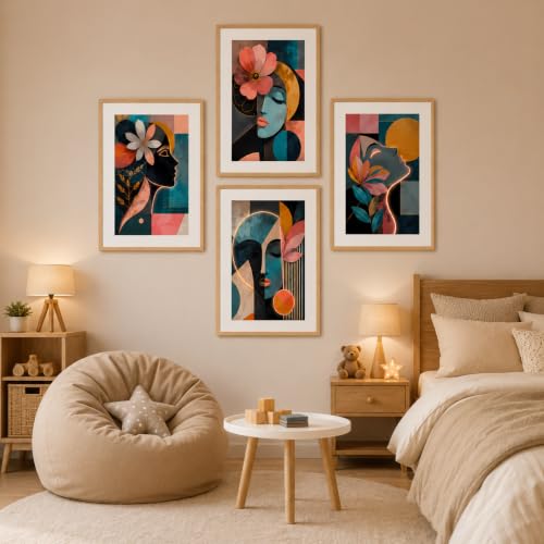 Image of Livin'luxe Set of 4 Abstract Face Floral Wall Paintings with Sparkle Laminate and Premium Wooden Synthetic Frame for Living Room Bedroom Office Decor (13.5 x 19.5 Inch)