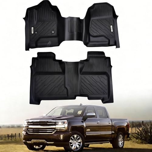 XTWEEX All Weather Floor Mat for 2014-2018 Chevy Silverado/GMC Sierra 1500 Crew Cab 2015-2019 SLV/SRA 2500 3500 HD Crew Cab-3pcs 1st & 2nd Row Black All-Weather Protection Odorless Floor Liner