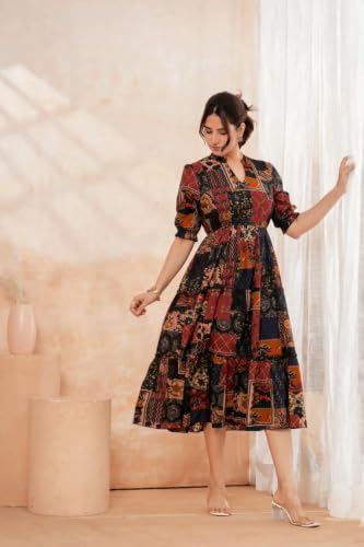 Image of Dress for Women | One Piece for Women | Long Stylish Women Dress Fit & Flare Maxi Dress, Cotton Summer Calf Length Dress