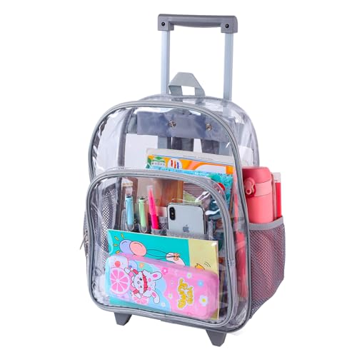 COVAX Rolling Clear Backpack, Heavy Duty See Through Bookbag, Transparent PVC Cold-resistant Backpack with Wheels (Grey)2
