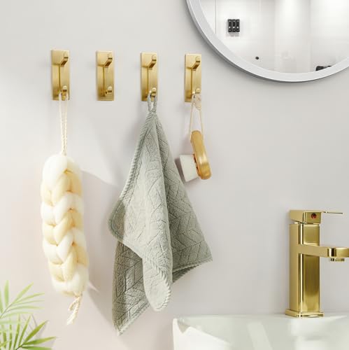 pickpiff Wall Hooks for Coat and Towel: 13LB Adhesive Door Hanger Stick on, Brushed Gold