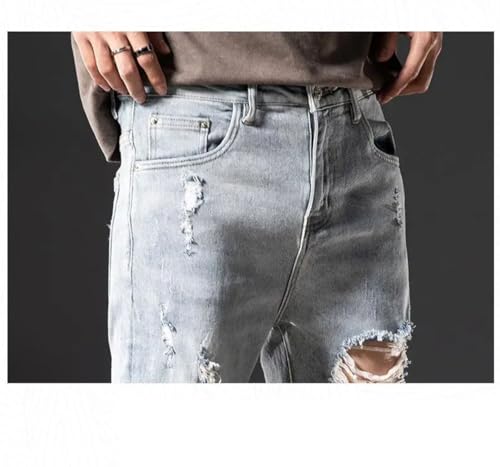 Men Slim Summer Korean Small Feet Locomotive Light Blue Elastic Casual Distressed Jeans3