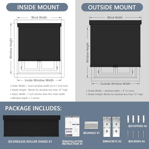 AOSKY Blackout Roller Shades Cordless Blinds for Windows, Free-Stop Shades with Valance, Thermal Insulated Fabric, UV Protection, Natural Woven Blinds for Home and Office (30" W x 72" H, Black) by AOSKY - Image 5