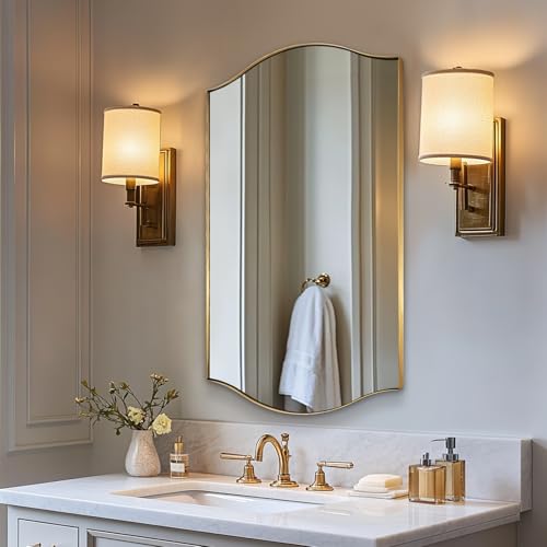 Image of ANDY STAR Rectangle Scalloped Mirror, 24 inchx40 inch Brushed Gold Bathroom Mirror in SUS304 Stainless Steel Metal Frame, Brass Vanity Mirror with Unique Arched Top Design
