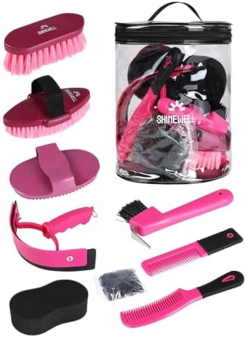 Shinewell Horse Grooming Kit, Complete Horse Brush Set, Equine Grooming Tools for Shedding & Daily Care Pink