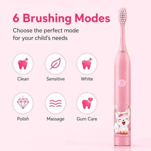 Image of Sonic Electric Toothbrush for Kids with 6 Modes, 4 Brush Heads & Rechargeable Battery, Ultra Soft Nylon Bristles, IPX7 Waterproof, Electric Power Tooth brush (Pink)