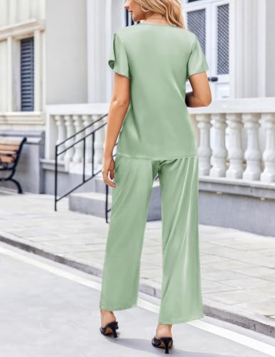 Image of Ekouaer Women's Satin Silky Pajama Set 2 Piece Short Sleeve Shirt with Long Pants Pjs Sets Soft PJ Loungewear S-XXL