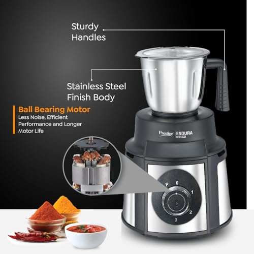 Image of Prestige Endura 1000W Mixer Grinder with Ball Bearing Technology|Stainless Steel 3 Jars with Flow breakers|Overload protection|Black & Silver