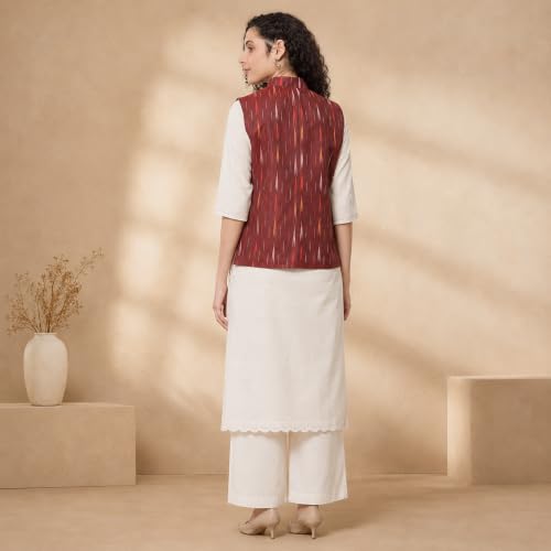 Image of Vastraa Fusion Women's Ikat Cotton Nehru Jacket Printed Waistcoat Sleeveless Mandarin Collar Button Front Ethnic Casual Wear