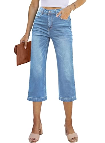 Sidefeel Women's Wide Leg Jeans High Waisted Stretchy Capri Pants Size 14 Sky Blue