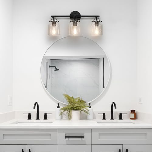 Image of Globe Electric 63000207 5-Piece All-in-One Bathroom Set, 22 inch 3-Light Vanity Light, Matte Black, Seeded Glass Shades, Towel Bar, Robe Hook, Toilet Paper Holder, Towel Ring, Bathroom Lights Over Mirror