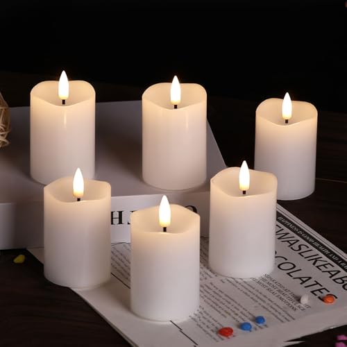 Image of White Flameless Votive Candles with Remote Batteries Set of 6 | 2x3 inch Small Flickering LED Pillar Candles, Battery Powered, Real Wax Coating, Home Table Shelf Decor