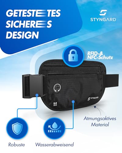 Flache Bauchtasche diebstahlsicher RFID Schutz - Geldgürtel zum Umhängen - Reise Bauchtasche mit Diebstahlschutz - Brustbeutel Damen und Herren Sport - STYNGARD - Modell Madrid