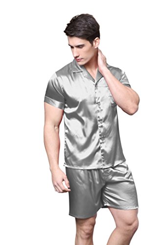 Tony & Candice Men's Short Sleeve Satin Pajama Set with Shorts (Gray,L)2