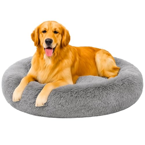Image of Fabric Fluffy Washable Waterproof Dog Bed For Summer | Large Size Round Pet Bed For Golden Retriever, Labrador, Pug, Beagle | Anti-Skid, Soft & Cozy For All Breeds (Gray, S)