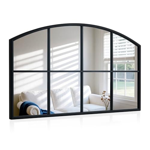 Arched Window Pane Mirror 42x26 Cathedral Black Farmhouse Window Metal Arch Wall Grid Mirror for Bathroom Fireplace Entryway Bedroom Living Room Hallway Hanging or Leaning Against Wall
