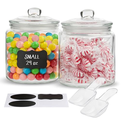 KooK Glass Kitchen Jars, Food & Cookie Storage Containers for Pantry, Bathroom Apothecary Canisters, Dishwasher Safe, with Chalk, Label, Plastic Scoops (32 Oz)