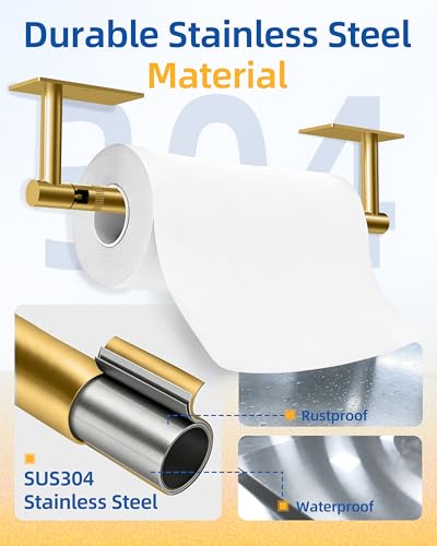 Image of RUACQ Paper Towel Holder Under Cabinet, Wall Mounted or Adhesive Stainless Steel Paper Towel Holder,Square Base Paper Towel Rack for Kitchen, RV, Bathroom (Brushed Gold)
