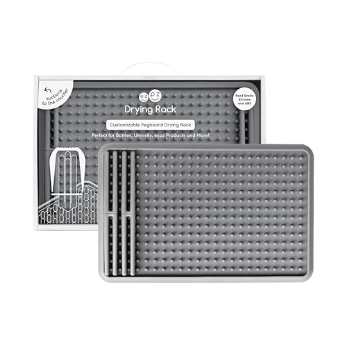 Image of ezpz Drying Rack (Gray) - Silicone Dish Drying Rack with Suction Base - Adjustable Pegs - Odor-Resistant - Dry + Store Baby/Toddler Gear